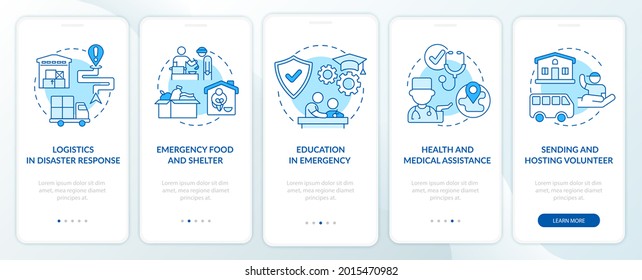 Health and medical assistance onboarding mobile app page screen. Volunteer logistics walkthrough 5 steps graphic instructions with concepts. UI, UX, GUI vector template with linear color illustrations