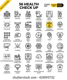Health and Medical Check up pixel perfect outline icons modern style for website or print illustration