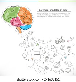 Health and Medical concept with colorful illustration of human brain and various elements on white background.