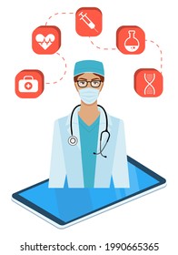 Health and medical consultation application. Online medical consultation with doctor and medical workers, healthcare and modern technology concept. Female doctor and medical icons set, mobile app