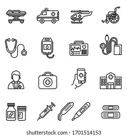 Health medical emergency, Medical assistance icon set with white background. Thin line style stock vector.