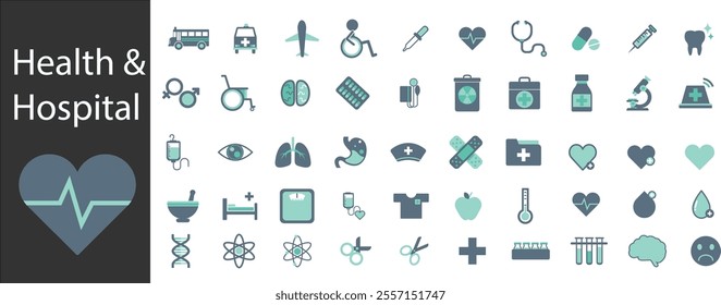 Health and Medical Icon Set - 50 Modern Flat Icons for Hospitals and Healthcare