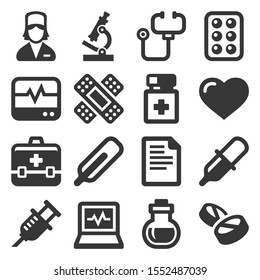 Health and Medical Icons Set on White Background. Vector