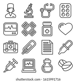 Health and Medical Icons Set on White Background. Line Style Vector