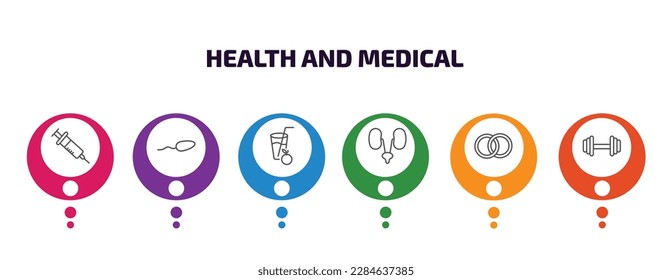 health and medical infographic template with icons and 6 step or option. health and medical icons such as syringe, spermatozoon, orange juice, urology, rings, exercise vector. can be used for