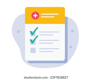 Health medical insurance checklist test exam form vector icon graphic illustration, flat cartoon healthcare diagnostic card paper document fill, medicine register checkup results list image clipart