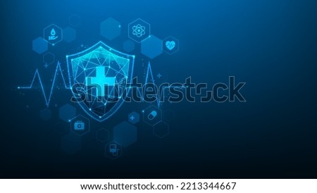 Health medical insurance digital technology protection. blue on dark background. healing shield and hexagon with hospital icon. healthcare and medical. vector illustration digital fantastic design. 