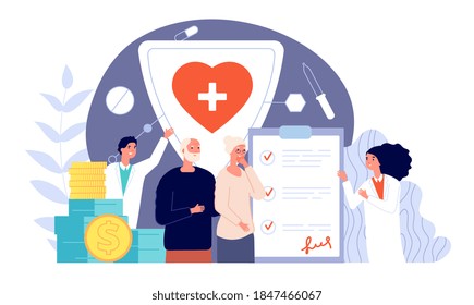 Health medical insurance. Healthcare policy, protect patient for money. Life security, doctors support service for people vector illustration