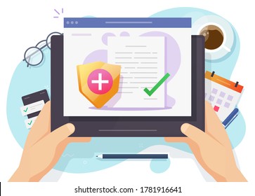 Health medical insurance vector paper document online form or digital patient healthcare medicare risk protection claim with shield checkmark flat cartoon, concept of life insured policy coverage list