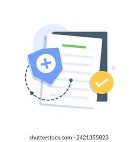 Health medical insurance vector paper document form or healthcare risk protection claim with approved checkmark flat cartoon,