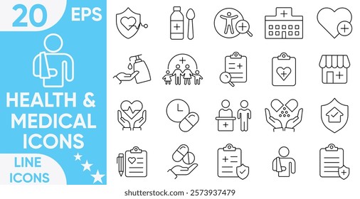 Health and Medical line Icon set. Medicine, check up, doctor, dentistry, pharmacy, lab, scientific discovery, collection, nurse, pills, clinic and more.Vector and illustrator set.