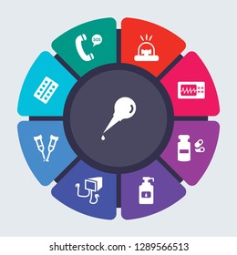 health and medical vector template for infographics. Business concept with 9 options, steps, parts, segments. Banner infographic cycling diagram, round chart, Enema, Emergency Call icons