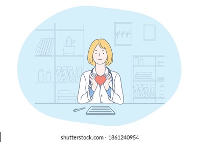 Health and medicare concept. Smiling Woman doctor in medical uniform sitting and holding red heart in hands as symbol of healthcare and assistance in medical clinic office vector illustration