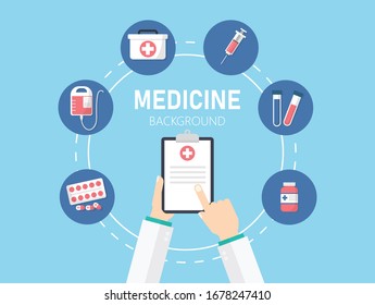 Health and medicine element background. isolated on blue background. Clipboard doctors hand make notes. Medical infographics circle. Hospital and treatment. vector illustration flat design. 