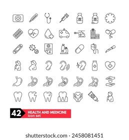 Health and medicine icon set. 42 vector icons	