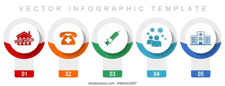 Health and medicine icon set, miscellaneous vector icons such as stay home, hospital, vaccine, people and emergency phone, modern design infographic template, web buttons in 5 color options