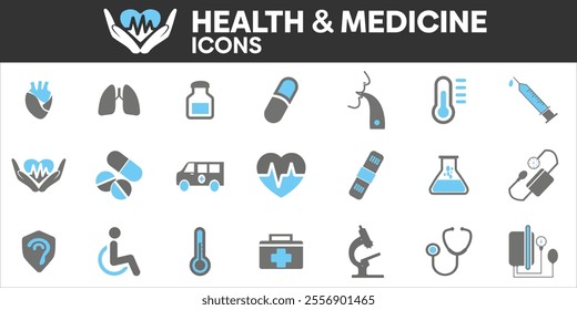 Health and Medicine Icons Set, Containing All Health and Medicine Icons Outlines, Vector Illustration Collection Editable eps10