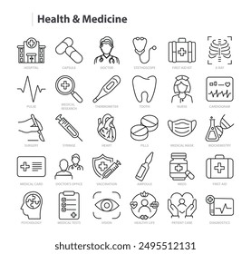 Health and Medicine Line Vector Icon Collection. A set of outline icons related to Medical, Stethoscope, Pill, Doctor, Operation, Diagnostic, Vaccination and more. Editable stroke. Vector illustration