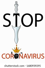 Health and medicine. Novel Coronavirus 2019. Pneumonia disease. CoVID-19 Spread of the virus. The text is written - Stop Coronavirus. The bacterium is drawn, on it is a crown, near a dagger. Vector