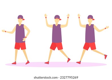 Los hombres de la salud están ejerciendo un juego de caracteres. Joven deportista sano posando, acción diferente. Gimnasio. Gente graciosa y amable realizando actividades deportivas. Banner vectorial de estilo de vida saludable. 