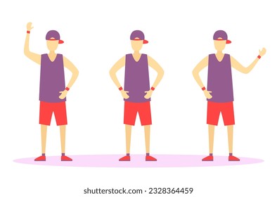 Los hombres de la salud están ejerciendo un juego de caracteres. Joven deportista sano posando, acción diferente. Gimnasio. Gente graciosa y amable realizando actividades deportivas. Banner vectorial de estilo de vida saludable. 