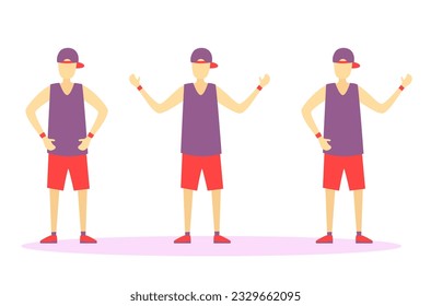 Los hombres de la salud están ejerciendo un juego de caracteres. Joven deportista sano posando, acción diferente. Gimnasio. Gente graciosa y amable realizando actividades deportivas. Banner vectorial de estilo de vida saludable. 