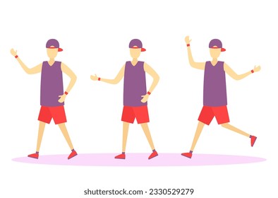 Los hombres de la salud están ejerciendo un juego de caracteres. Joven deportista sano posando, acción diferente. Gimnasio. Gente graciosa y amable realizando actividades deportivas. Banner vectorial de estilo de vida saludable. 