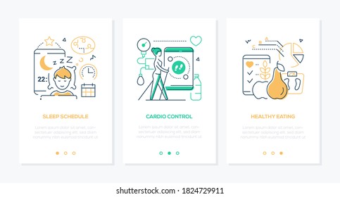 Health Mobile App Line Design Style Web Banners. Healthcare, Active Lifestyle Applications, Trackers For Smartphone. Sleep Schedule, Cardio Control, Step Counter, Healthy Eating Linear Illustrations