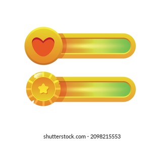 Health and money bar. Game health and money scale.Heart and coin bar are indicators of health and money in video game. Vector illustration.