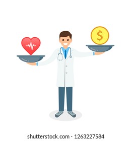 Health or money with doctor and scales vector illustration. Health versus money on scales concept. Vector.