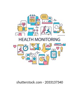 Health monitoring abstract color concept layout with headline. Medical data. Telemedicine service. Call with doctor. Fitness creative idea. Isolated vector filled contour icons for web background