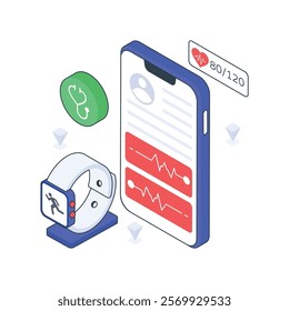 Health Monitoring App isometric Colored illustration. EPS File stock illustration