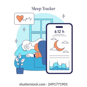 Health Monitoring concept. Peaceful sleep and wellness tracking through a modern sleep tracker app. Ensuring rest quality with technology. Vector illustration.