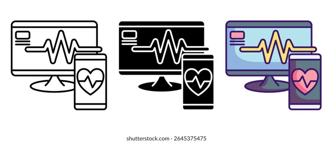 Health monitoring device icon represented by monitor, wave, heartbeat,handphone Line, Filled, Color style.