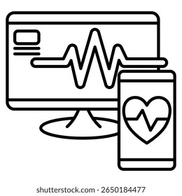 Health monitoring device icon represented by monitor, wave, heartbeat,handphone Line style.