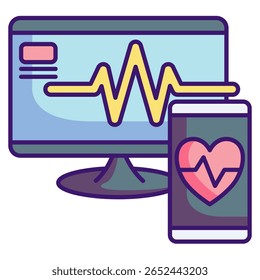 Health monitoring device icon represented by monitor, wave, heartbeat,handphone Lineal Color style.