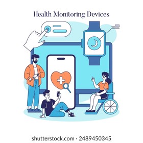 Health Monitoring Devices concept. People use advanced technology for healthcare management. Wearable watch and mobile app for well-being. Vector illustration.