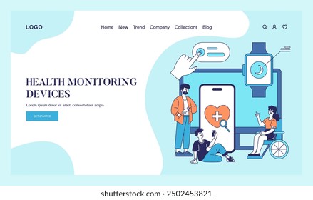 Health Monitoring Devices concept. Users engage with smart technology for wellness tracking. Integration with mobile and wearable tech. Vector illustration.