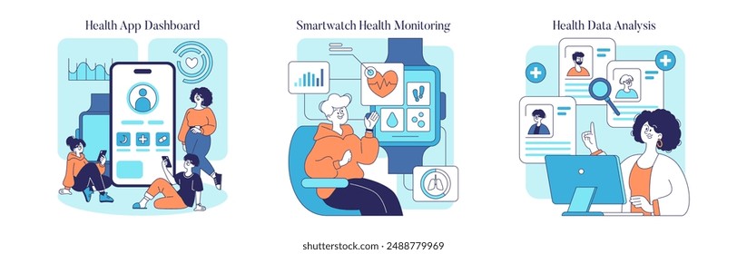 Dispositivos de supervisión de estado establecidos. Tecnología interactiva que ayuda a la gestión de la salud personal. Interfaces de usuario dinámicas, integración de estilo de vida moderno. Ilustración vectorial.