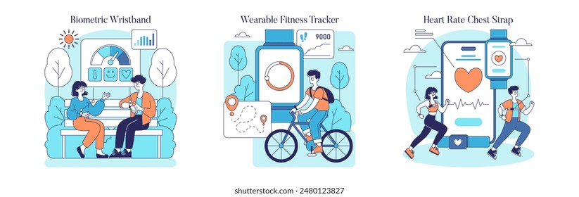 Health monitoring devices set. People using biometric wristband, fitness tracker, and heart rate chest strap. Wellness technology in daily life. Vector illustration.