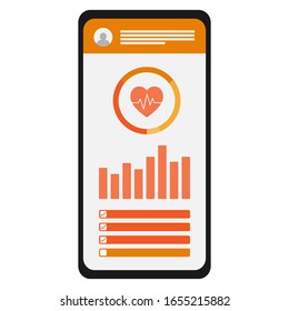 Monitoreo de salud, aplicación de seguimiento de fitness en pantalla de teléfono móvil; seguimiento de datos, latido cardiaco e información médica. Concepto de atención médica y aplicación para smartphones. Ilustración de estilo plano en color naranja