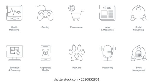 Health Monitoring, Gaming, E-Commerce, News and Magazines, Social Networking, Education and E-Learning, Augmented Reality, Pet Care, Podcasting, and Event Management mobile app Icon Set