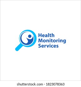 Health monitoring services logo design template isolated on white background. Magnifying glass with abstract people shape vector illustration. Bright blue color theme.