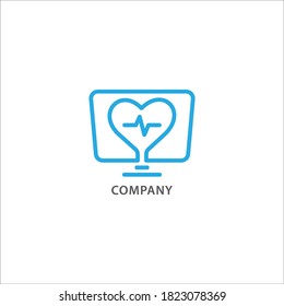Health monitoring services logo design template isolated on white background . Display Monitor and Heart shape with pulse vector illustration in outline style.. Bright blue color theme. 