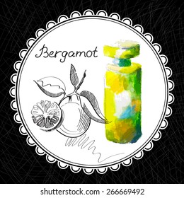 Health and Nature Collection. Aromatic bergamot oil (watercolor and graphic illustration)