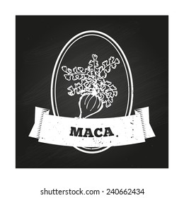 Health and Nature Collection. Badge template with a herb on chalkboard background. Maca  