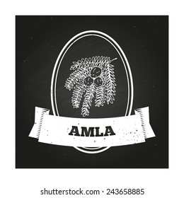 Health and Nature Collection. Badge template with a herb on chalkboard background. Amla