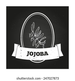 Health and Nature Collection. Badge template with a herb on chalkboard background. Jojoba
