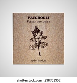 Health and Nature Collection. Banner template with a herb on cardboard background. Patchouli  - Pogostemon cablin