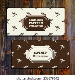 Health and Nature Collection. Banner templates with herbal seamless pattern on wooden background. Catnip - Nepeta cataria